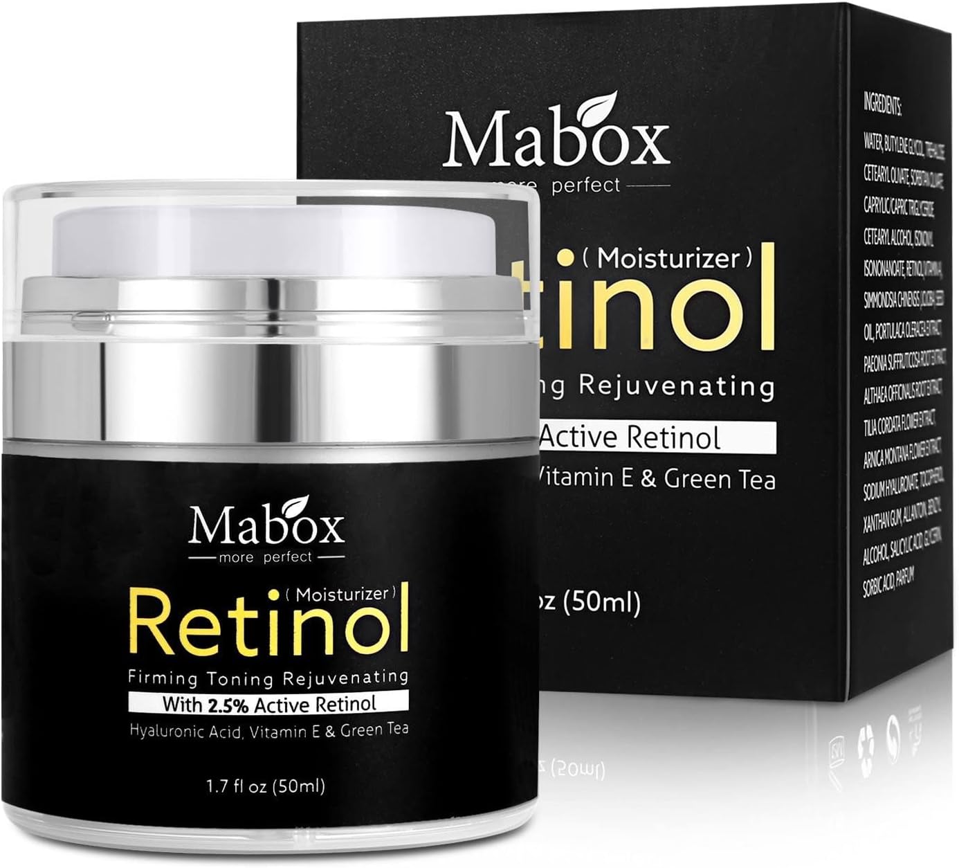 Crema cu Retinol 2.5% Mabox – Anti-Rid, Fermitate și Rejuvenare, cu Acid Hialuronic, Vitamina E si Ceai Verde, 50ml