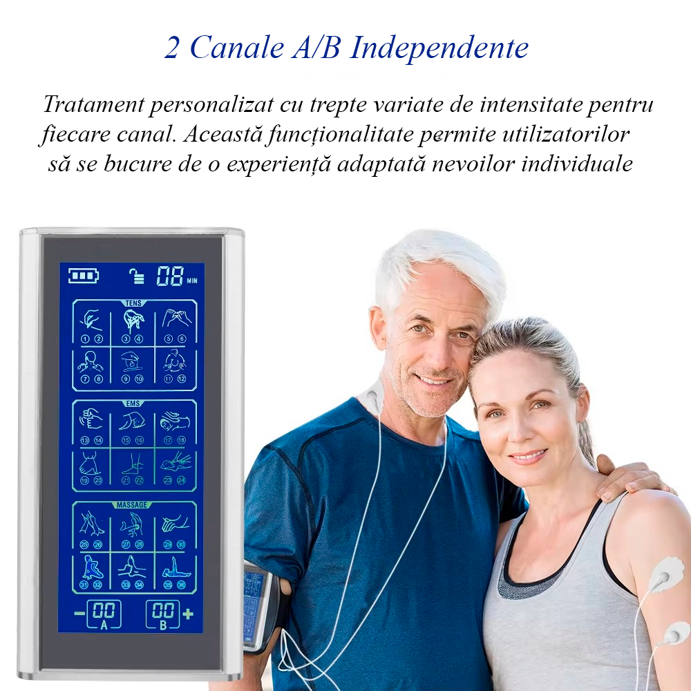 Aparat De Masaj, Tens Relief Pro , Cu Electrostimulare, 36 Programe, 20 Niveluri intensitate, 2 Canale Individuale, 10 Electrozi
