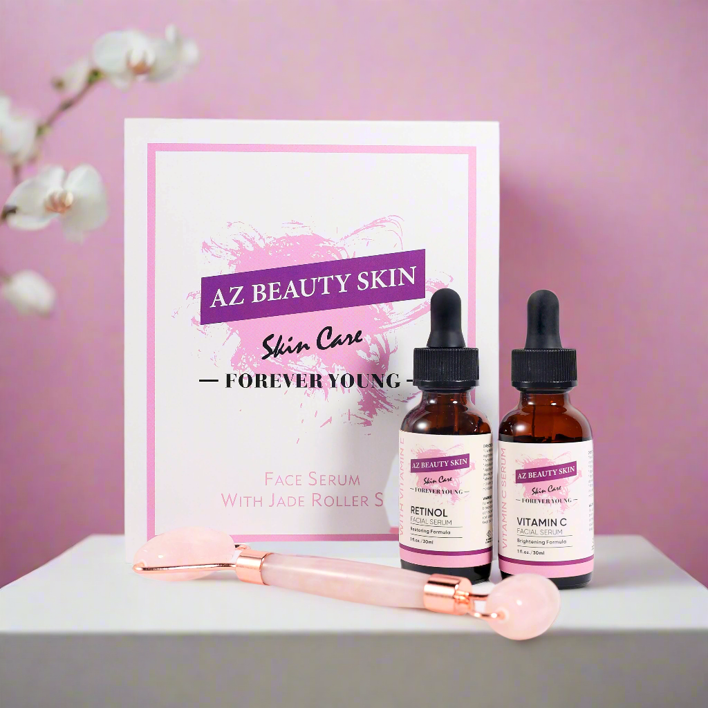 Set antirid, 1 x Rola din Cuart si 2  Seruri, Retinol si Vitamina C, 2x 30 ml, AZ Beauty Skin
