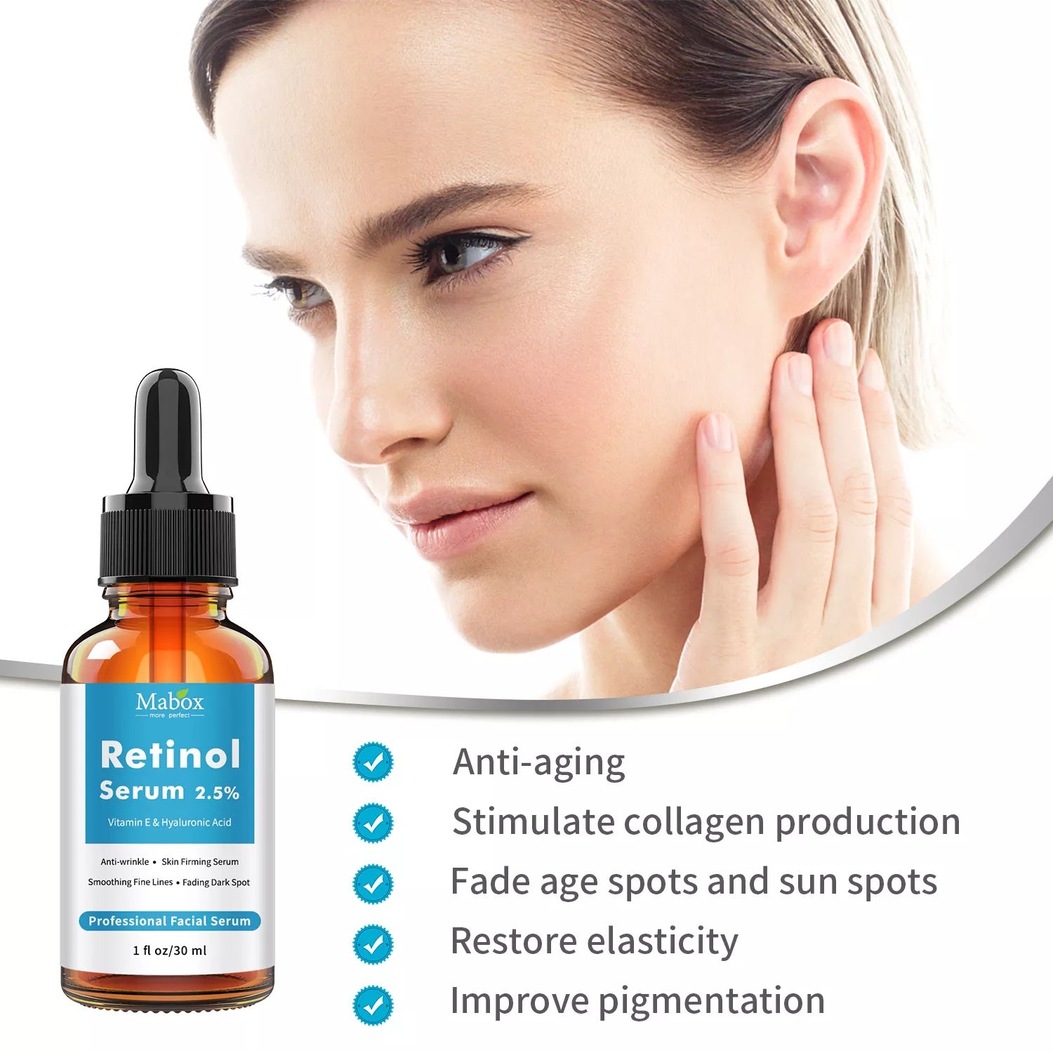 Ser cu Retinol 2.5%, Vitamina E si Acid Hialuronic Mabox, 30 ml A-Z Beauty Skin