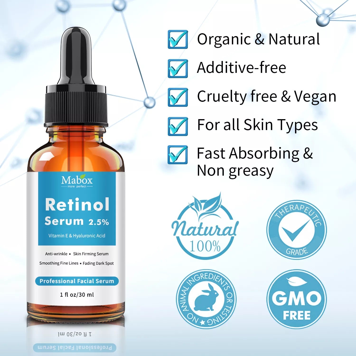 Ser cu Retinol 2.5%, Vitamina E si Acid Hialuronic Mabox, 30 ml A-Z Beauty Skin