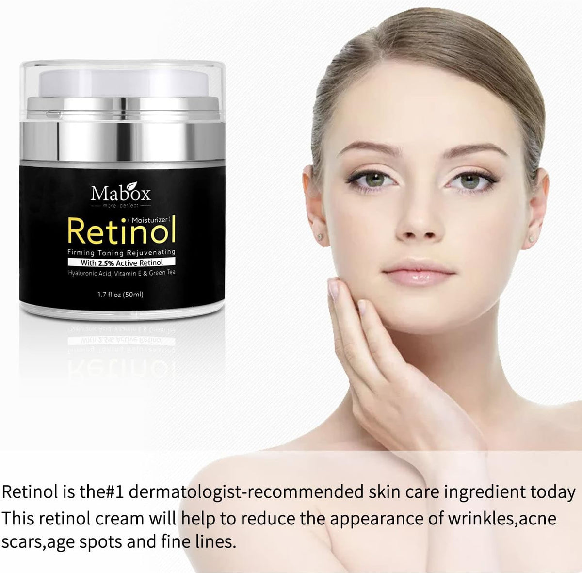 Crema cu Retinol 2.5% Mabox – Anti-Rid, Fermitate și Rejuvenare, cu Acid Hialuronic, Vitamina E si Ceai Verde, 50ml