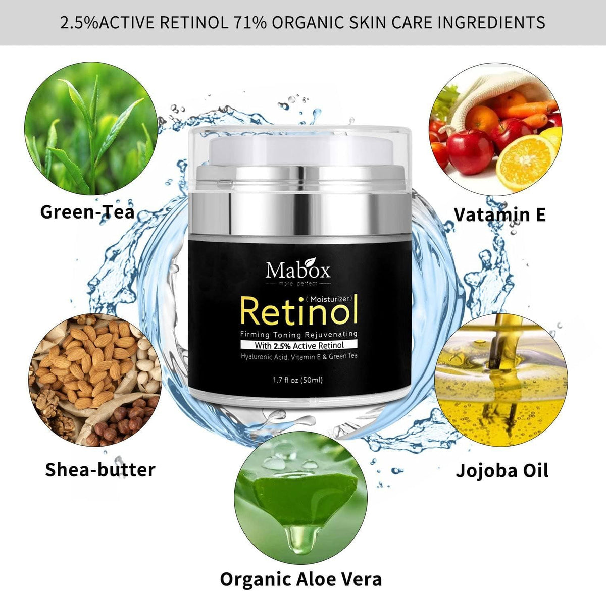 Crema cu Retinol 2.5% Mabox – Anti-Rid, Fermitate și Rejuvenare, cu Acid Hialuronic, Vitamina E si Ceai Verde, 50ml