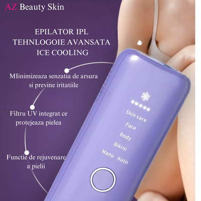 Epilator IPL 990.000 impulsuri, 5 trepte de viteza, 4 moduri de utilizare, tehnologie Ice Cooling pentru epilare definitiva si rejuvenare