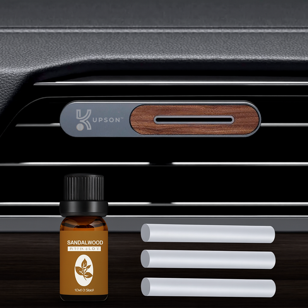 Set Odorizant Auto Kupson Signature, Aromaterapie pentru Masina, Fixare pe Grila Aerisire, 1 uei esential/10 ml si 3 rezerve incluse