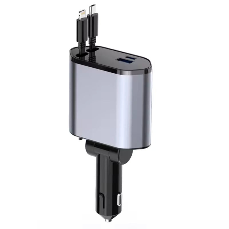 Incarcator Auto cu Cablu Retractabil 120 W, PowerSlide Elite 4 in 1: Type-C si iPhone, Afisaj Digital, Porturi USB si USB-C