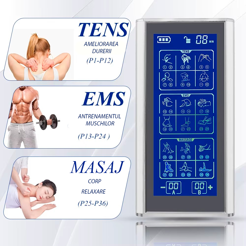 Aparat De Masaj, Tens Relief Pro , Cu Electrostimulare, 36 Programe, 20 Niveluri intensitate, 2 Canale Individuale, 10 Electrozi
