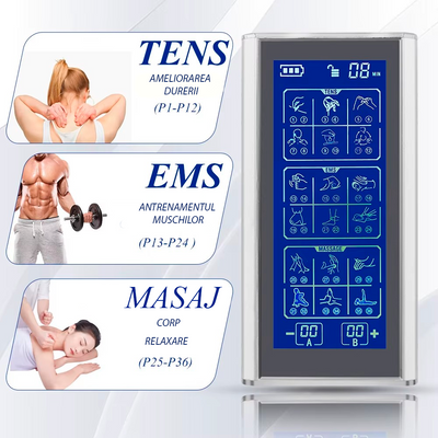 Aparat De Masaj, Tens Relief Pro , Cu Electrostimulare, 36 Programe, 20 Niveluri intensitate, 2 Canale Individuale, 10 Electrozi