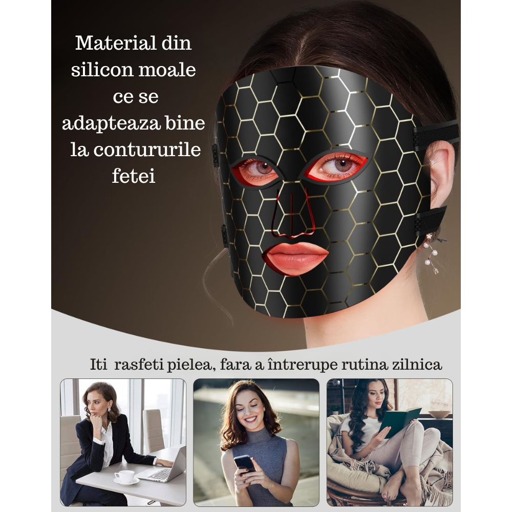 Masca Faciala din Silicon, SkinLight, Fototerapie cu 96 leduri 3D, 288 de fascicule  pentru rejuvenare și tratarea acneei