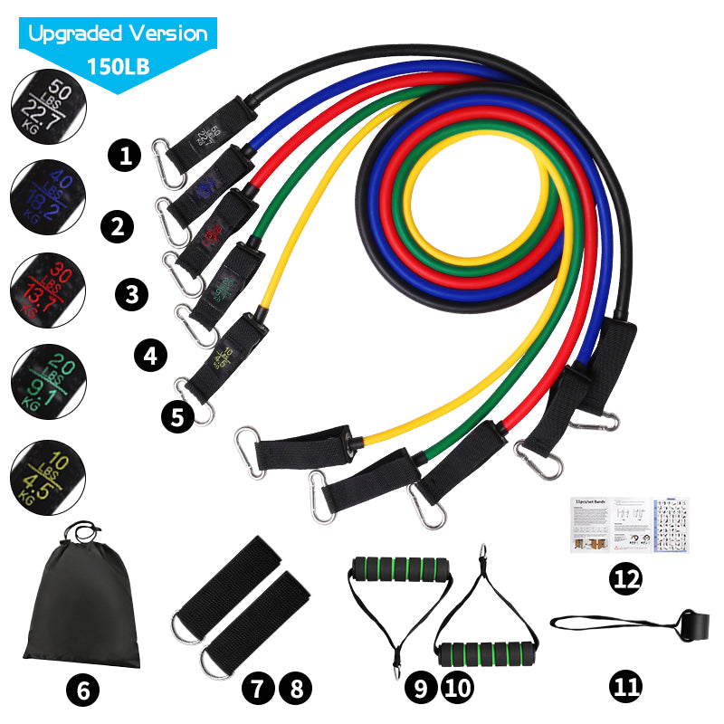 Set 11 bucati extensor fitness cu corzi elastice